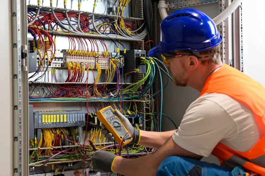 commercial electrician inspecting wires and switches